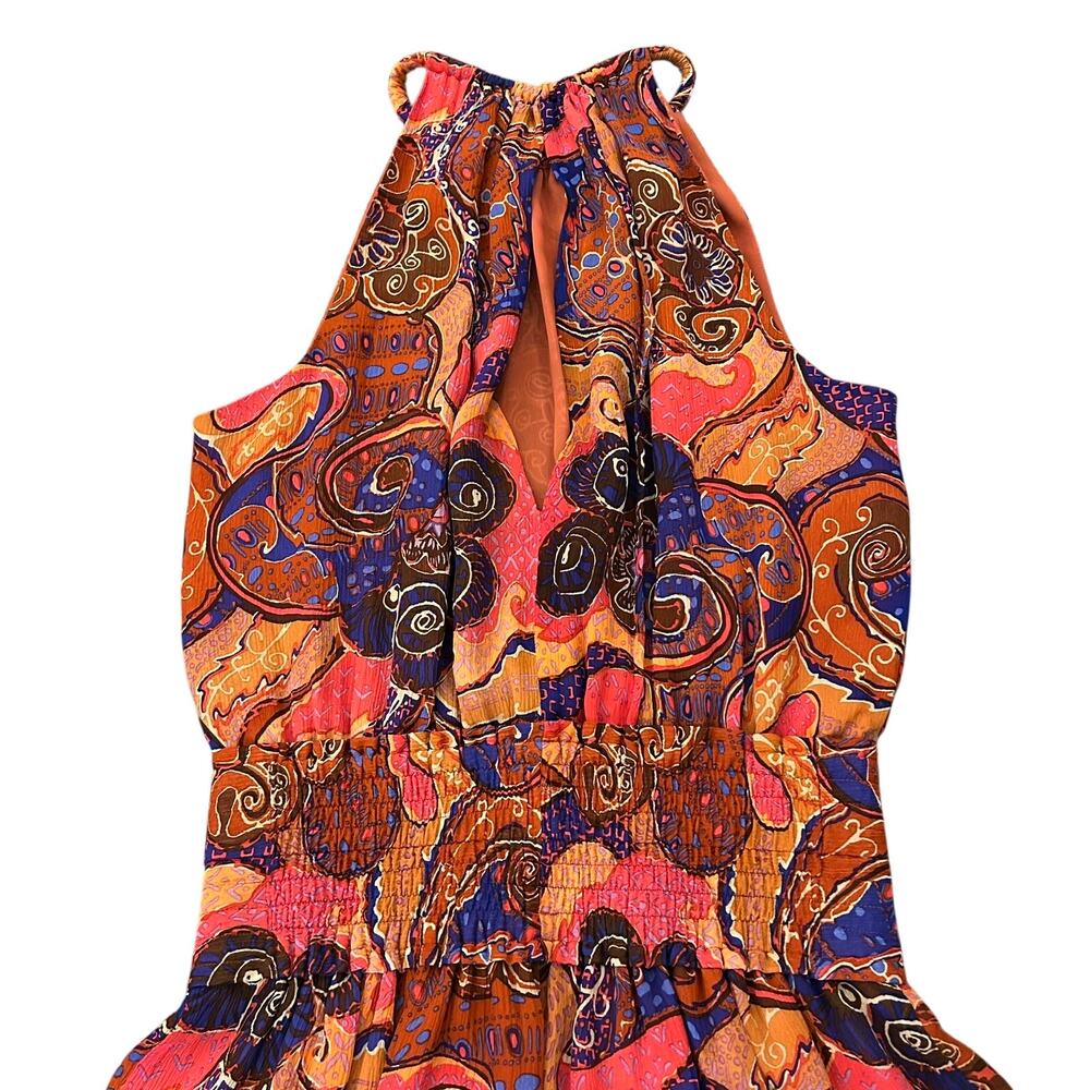 ALC Cory Dress 8 Terracotta Paisley Silk High Neck Smocked Waist Tiered Mini - Picture 15 of 15